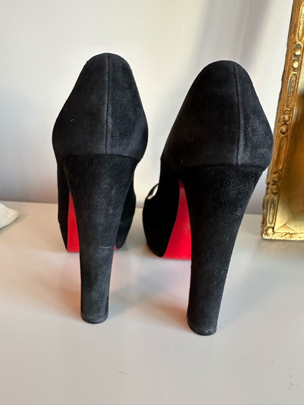 Christian Louboutin Black Suede Peep Toe Pumps with Iconic Red Sole - Picture 2 of 5